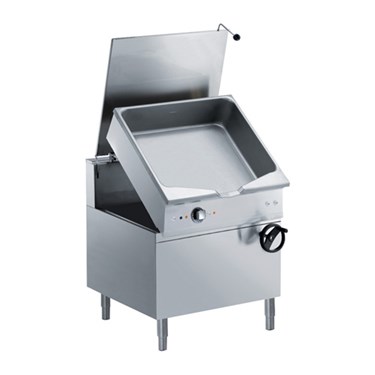 Stainless steel cooking appliance with an open lid and a flat cooking surface.