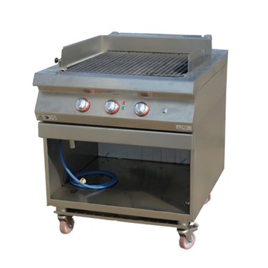 Stainless steel gas grill with three control knobs and an open storage space below.