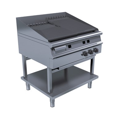 Stainless steel commercial griddle with a flat cooking surface and three control knobs.