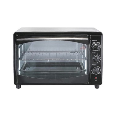 Black countertop oven with a glass door and control knobs on the right side.
