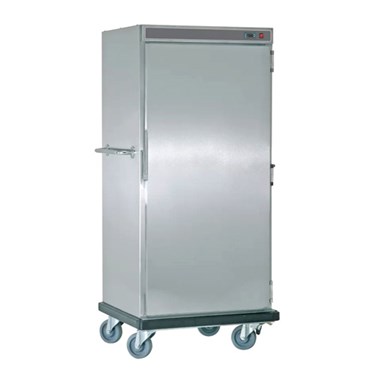 Stainless steel mobile storage cabinet on wheels, featuring a single door and smooth surface.