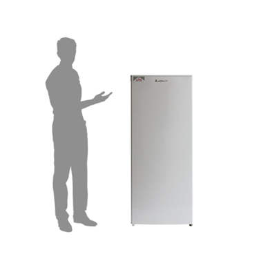 A tall, white static storage chiller with a silhouette of a person gesturing beside it.