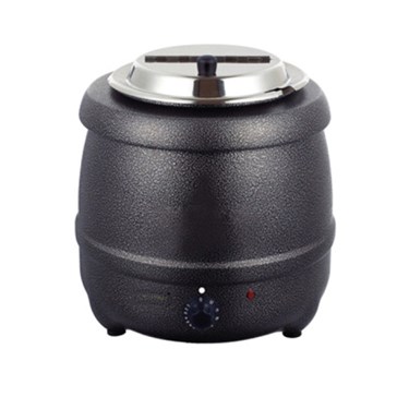 Black soup kettle with a stainless steel lid and adjustable temperature dial.