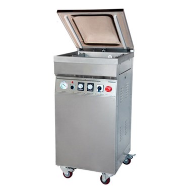 Stainless steel vacuum packing machine with an open lid and control panel featuring buttons and dials.
