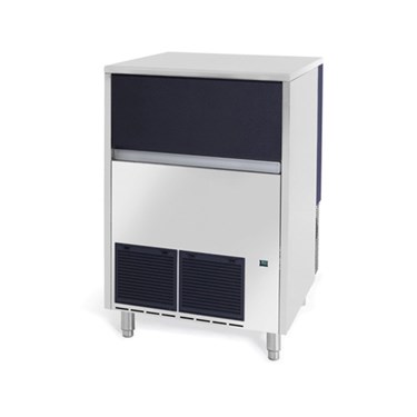 Stainless steel ice machine with a black top and front panel, featuring ventilation grilles.