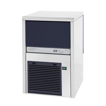 Compact white ice maker with a dark blue top and black ventilation grille at the front.