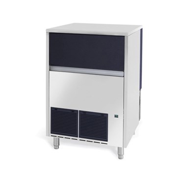 Stainless steel ice machine with a dark blue panel, featuring ventilation grilles at the bottom.