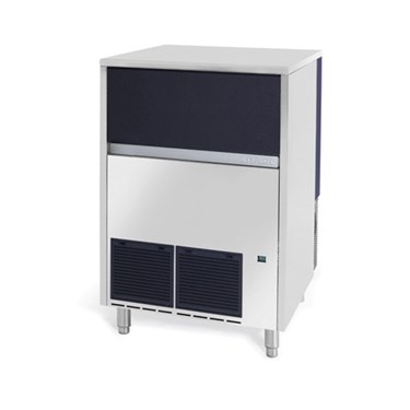 Compact ice machine with a stainless steel finish and dark blue accents, featuring ventilation grilles.