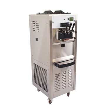 Stainless steel ice cream machine with a digital display and two dispensing nozzles.