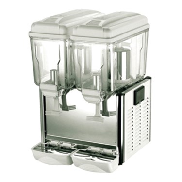 Dual-container beverage dispenser with transparent plastic containers and a stainless steel base.