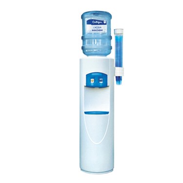 White water cooler with a blue water bottle on top and a blue dispensing tap.