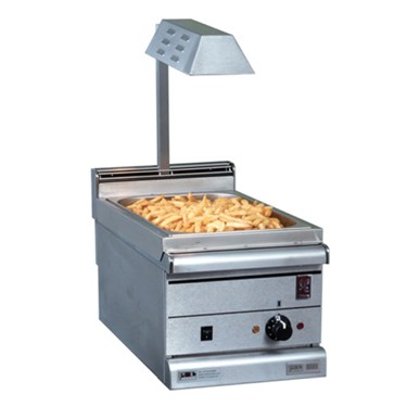 Stainless steel food warmer with golden-brown food, featuring a heat lamp above.