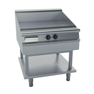 Stainless steel griddle with a smooth cooking surface and two control knobs, on a sturdy base.