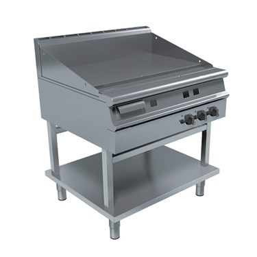 Stainless steel griddle with a flat cooking surface and adjustable controls, set on sturdy legs.