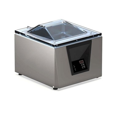 Stainless steel vacuum machine with a transparent lid and digital control panel.