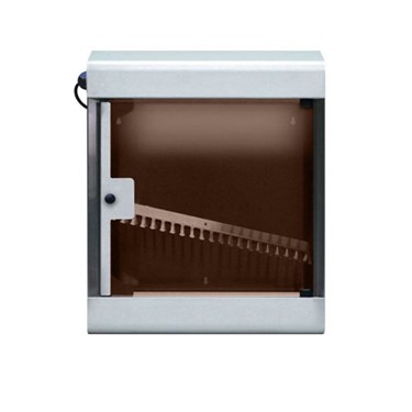 White and grey machine with a transparent brown interior, featuring a visible sliding mechanism.