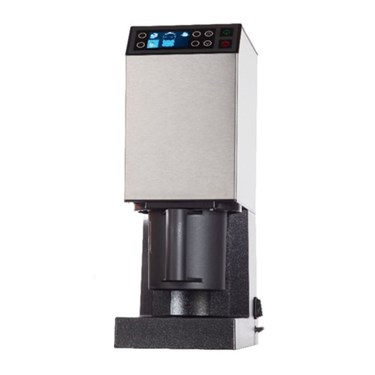 Stainless steel beverage dispenser with a digital display and black base, designed for efficient serving.