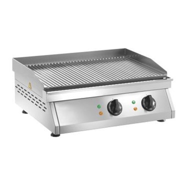 Stainless steel griddle with two control knobs, featuring a textured cooking surface.
