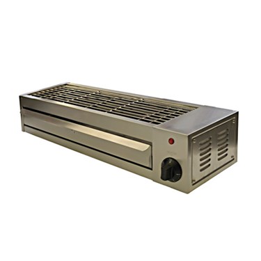 Stainless steel food warmer with a textured grill surface and control knob on the side.