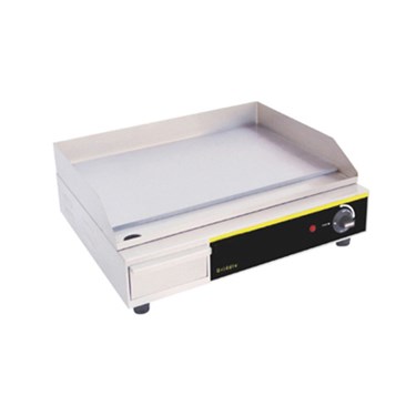 Stainless steel griddle with a smooth surface and black control panel, designed for cooking.
