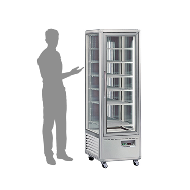 Dual temperature display freezer with a stainless steel finish and transparent glass doors, beside a silhouette.