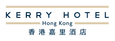 Kerry Hotel Hong Kong logo featuring blue text with gold and grey accents on a dark background.