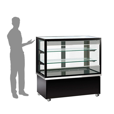 Dual temperature bakery display counter with glass shelves and a black base, shadow of a person nearby.