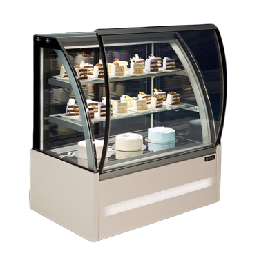 Curved glass patisserie case displaying various cakes, featuring a sleek black and cream design.