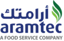 Blue and green Aramtec logo with Arabic text, featuring a leaf design and tagline about food services.