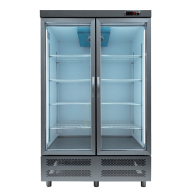 Double glass door freezer with a stainless steel frame and blue interior lighting, empty shelves visible.