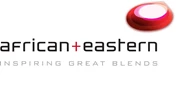 Logo featuring "African + Eastern" in black text, with a red circular design above.