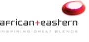 Logo featuring the text "African + Eastern" in black with a red circular accent.