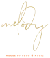Gold cursive text spelling "melody" against a black background, with "source of good vibes" below.