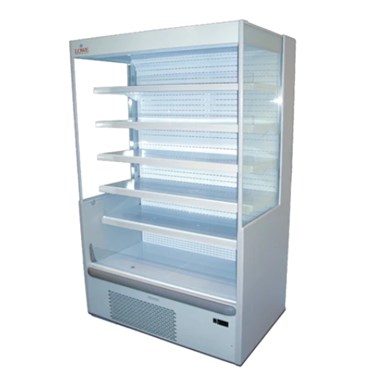 White multideck display wall cabinet with glass shelves and an open front for product visibility.
