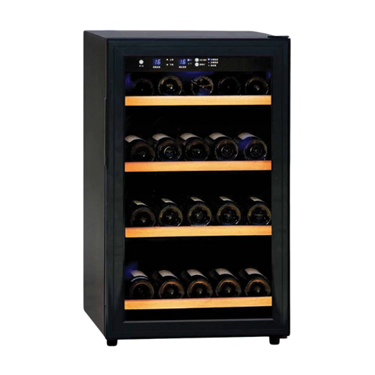 Black wine cabinet with wooden shelves, displaying several bottles, illuminated by blue LED lights.
