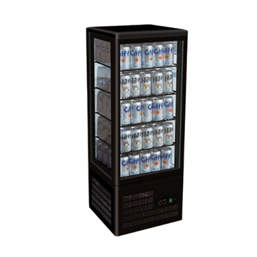 Four-sided countertop display showcasing multiple cans in a sleek black cabinet.
