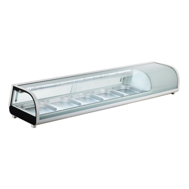 Sleek glass sushi display case with a silver frame, showcasing empty compartments.