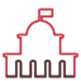 Red and black stylised building icon with a flag, representing an organisational identity or theme.