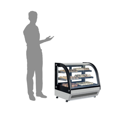Refrigerated counter top display fridge with a sleek black and silver design, showcasing various products.