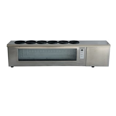 Stainless steel table top wine display fridge with a glass front and five circular compartments.