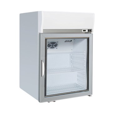 Countertop chiller with a white exterior and glass door, featuring two empty shelves inside.