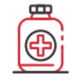 Red medical cross symbol inside a red and grey battery icon on a black background.