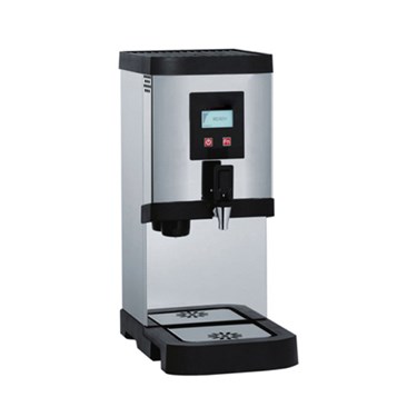 Stainless steel beverage dispenser with a digital display and black base, designed for efficient serving.
