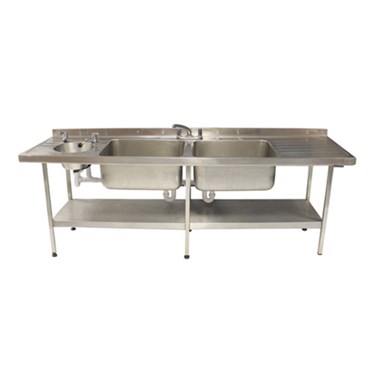 Stainless steel double sink with a flat work surface and lower storage shelf.