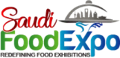Colourful logo for Saudi Food Expo 2022, featuring red, green, and blue text on a grey background.