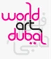 Bold pink and grey logo for World Art Dubai, featuring stylised text and artistic design elements.