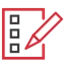 Red checklist icon with a pencil, featuring three empty boxes on a black background.