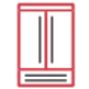 Red double-door refrigerator with grey handles, set against a plain background.