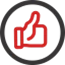 Red thumbs-up icon within a circular black outline, symbolising approval or positivity.