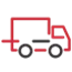 Red delivery truck icon on a black background, representing retail services.
